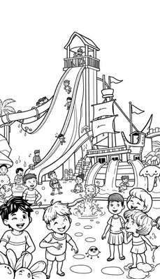 Zwart-wit tekening van een waterpark met veel kinderen die van glijbanen glijden, spelen in het water en lachen. Een grote waterglijbaan, een piratenschip met glijbanen en een knipogende jongen op de voorgrond.