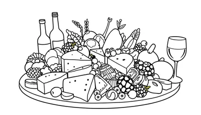 Gedetailleerde zwart-wit kleurplaat van een ronde serveerplank vol met diverse soorten kaas, druiventrossen, bessen, peren, olijven, crackers, broodjes, vleeswaren en een wijnglas met wijn.