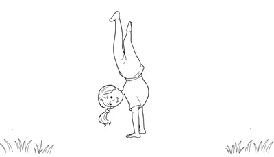 Zwart-wit lijntekening van een lachend meisje dat een handstand doet in het gras, met gestrekte benen omhoog. Ze draagt een staartje, T-shirt en korte broek.