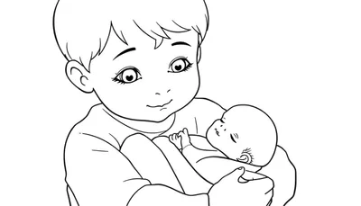 Zwart-wit lijntekening van een ouder kind met hartjes in de ogen dat een slapende baby vasthoudt.