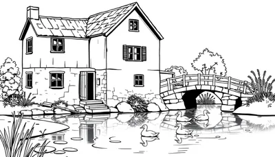 Zwart-wit lijntekening van een rustiek landschap met een huis, brug en eenden, geschikt als kleurplaat.