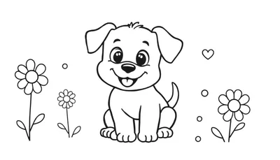 Zwart-witte lijntekening van een schattige, blije hond met grote ogen en een glimlach, omringd door drie madeliefjes, vijf stippen en een klein hartje.