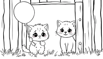 Een zwart-wit tekening van twee schattige cartoonkatten. De linker kat is kleiner en pluizig, houdt een ballon vast en kijkt verdrietig. De rechter kat is iets groter, kijkt achter een houten paal vandaan met een soortgelijke bedroefde uitdrukking. Op de achtergrond is een houten schutting en op de
