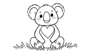 Een zwart-wit tekening van een schattige, zittende koala met grote oren, een grote neus en gekruiste pootjes in een hartvorm. Ernaast is een stukje gras getekend. De achtergrond is leeg.