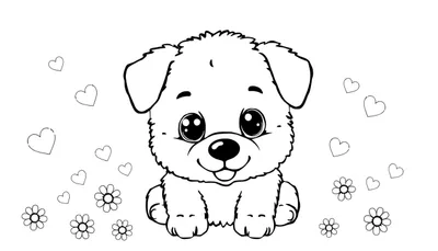 Kleurplaat van een lachende puppy omringd door hartjes en bloemen.