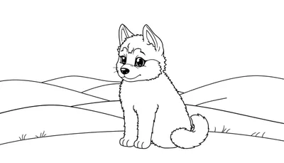 Zwart-wit lijntekening van een schattige puppy of wolfpup zittend op glooiende heuvels, klaar om ingekleurd te worden.