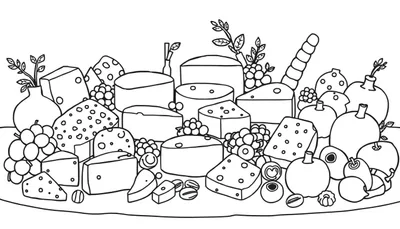 Kleurplaat van een rijkelijk gevulde kaasplank met verschillende soorten kazen, trossen druiven, appels, peren, granaatappels, bessen, noten, crackers en een vaasje met takjes.
