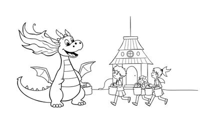 Kleurplaat van een lachende draak met een emmer, die samen met drie kinderen, elk met een emmer, naar een huisje rent.