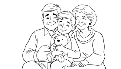 Een zwart-wit lijntekening van een blij gezin: een opa met bril, een oma met golvend haar en oorringen, en een kleinzoon met piekhaar die een teddybeer vasthoudt. Ze zitten naast elkaar en lachen met gesloten ogen.