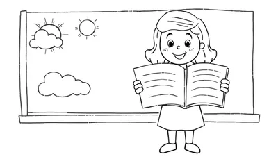Zwart-wit tekening van een lachend meisje met sproetjes dat een boek vasthoudt, met weersymbolen (zon, wolken) in een kader erachter.