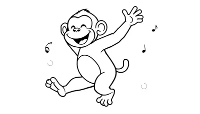 Zwart-wit tekening van een lachende aap die in de lucht springt met muzieknoten om hem heen.