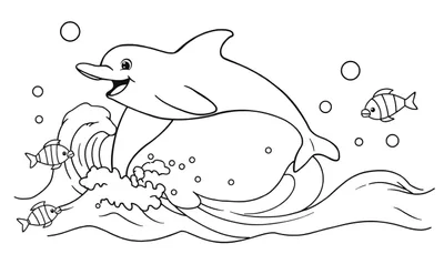 Zwart-wit tekening van een lachende dolfijn die uit het water springt met golven, waterspatten, bellen en drie gestreepte vissen.