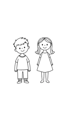 Cartoonkleurplaat van een lachende jongen met stekelig haar en een gestreept T-shirt, naast een lachend meisje met middellang haar in een jurk.