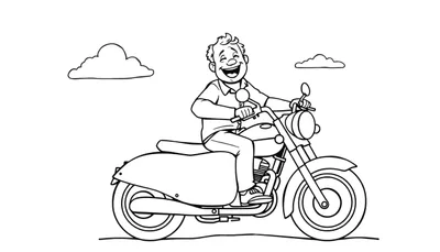 Zwart-wit lijntekening van een lachende man op een klassieke motorfiets met twee wolken op de achtergrond.