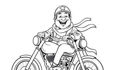 Zwart-witte cartoon lijntekening van een lachend figuur op een motorfiets met een ster op de helm en een lange sjaal die wappert.