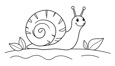 Zwart-wit lijntekening van een lachende slak met een spiraalvormig huisje en blaadjes.