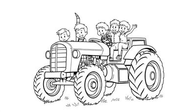 Kleurplaat van een klassieke tractor met vijf lachende jongens erop, rijdend door gras.