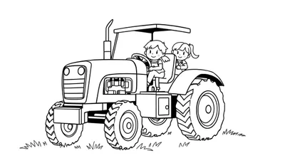Zwart-wit tekening van een tractor met twee lachende kinderen, een jongen achter het stuur en een meisje ernaast, zittend op een grasveld.