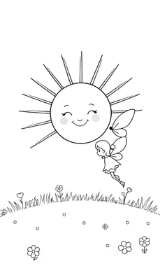 Zwart-witte lijntekening van een grote, lachende zon met zonnestralen, een kleine fee met vleugels, glooiende heuvels met gras, bloemetjes en kleine cirkels.