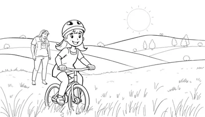 Zwart-wit lijntekening van een jong meisje op een fiets met helm en een lachende mond, gevolgd door een vrouw met kort haar en een overhemd. Op de achtergrond glooiende heuvels met bomen en gras. Rechtsboven schijnt de zon.