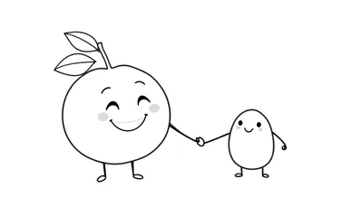 Kleurplaat van twee vrolijke, ronde en ovale cartoonfiguren die elkaars hand vasthouden op een witte achtergrond.