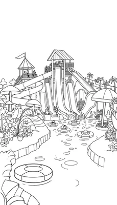 Zwart-wit lijntekening van een levendig waterpark met diverse waterglijbanen, mensen in een zwembad met zwembanden, en tropische begroeiing.