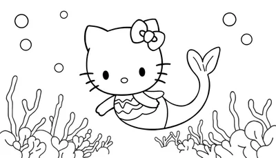 Kleurplaat van Hello Kitty als zeemeermin, zittend in een onderwaterwereld met koraal, zeewier en bubbels.