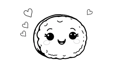 Zwart-witte lijntekening van een schattig, rond figuurtje met grote ogen, lachende mond en blozende wangen, met vier opengewerkte hartjes eromheen.