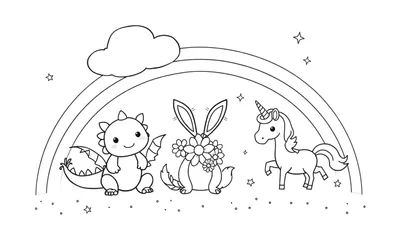 Zwart-wit kleurplaat met een glimlachende draak, een konijn met bloemen en een eenhoorn onder een regenboog, omringd door sterren en stipjes.