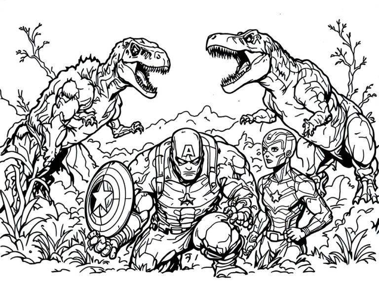Kleurplaat van superhelden uit The Avengers met reusachtige dinosaurussen uit Jurassic Park in actie.