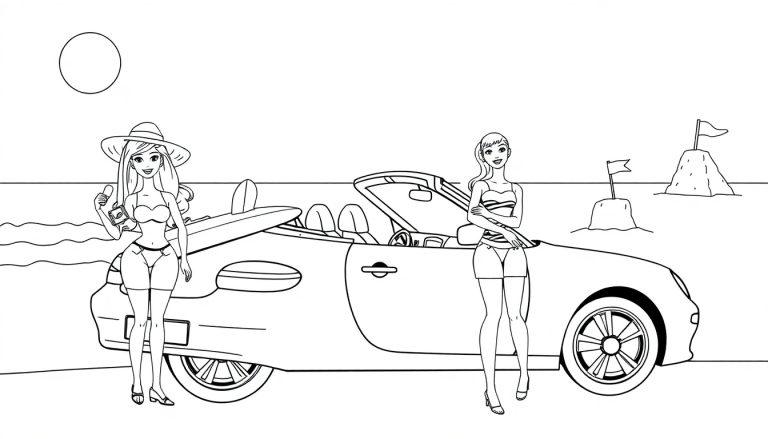 Barbie kleurplaat met een cabriolet op een zonnig strand.