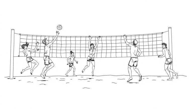 Kleurplaat van een spannende beachvolleywedstrijd met zes spelers op het zand.