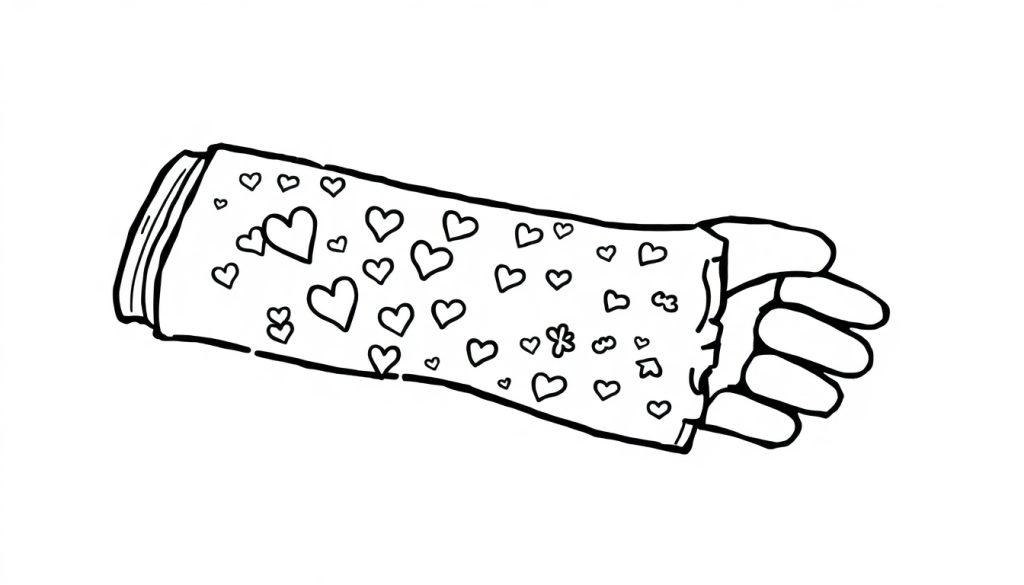 Kleurplaat van een arm in het gips met hartjespatroon.