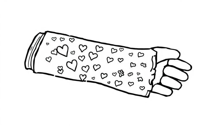 Kleurplaat van een arm in het gips met hartjespatroon.
