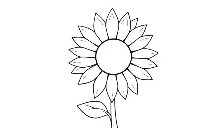 Een kleurplaat van een eenvoudige bloem met blaadjes en een steel.