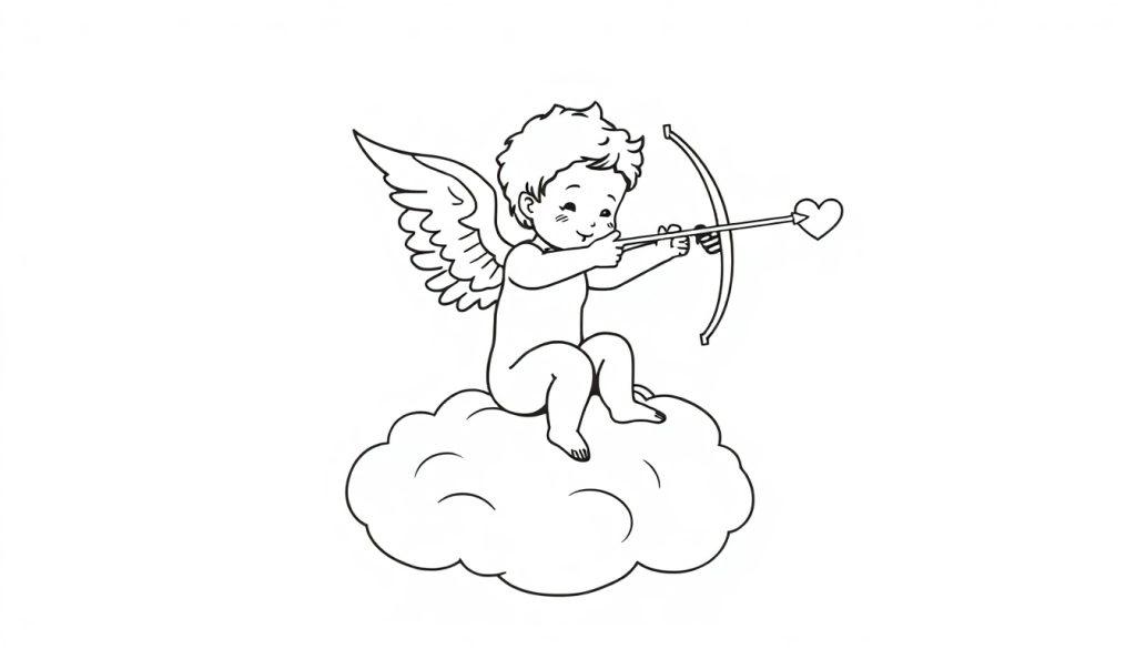 Een schattige kleurplaat van Cupido die op een wolk zit en met zijn boog een liefdespijl schiet.