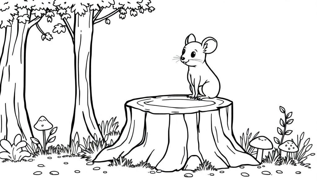 Kleurplaat van een muisje op een boomstam in een bos met paddenstoelen en bomen.
