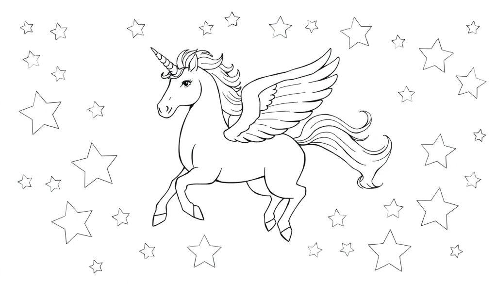 Kleurplaat van een eenhoorn met vleugels die door de sterrenhemel vliegt.