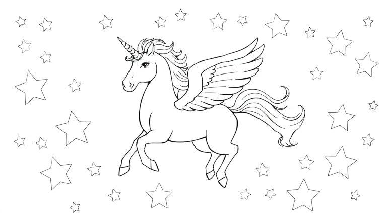 Kleurplaat van een eenhoorn met vleugels die door de sterrenhemel vliegt.