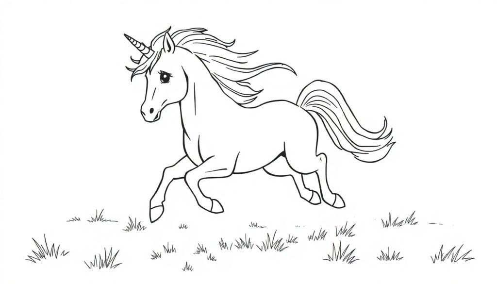 Kleurplaat van een eenhoorn die vrolijk door een bloemenweide galoppeert.