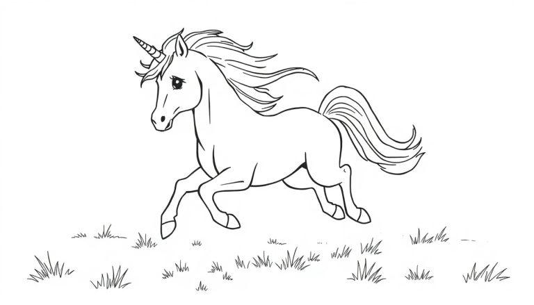 Kleurplaat van een eenhoorn die vrolijk door een bloemenweide galoppeert.