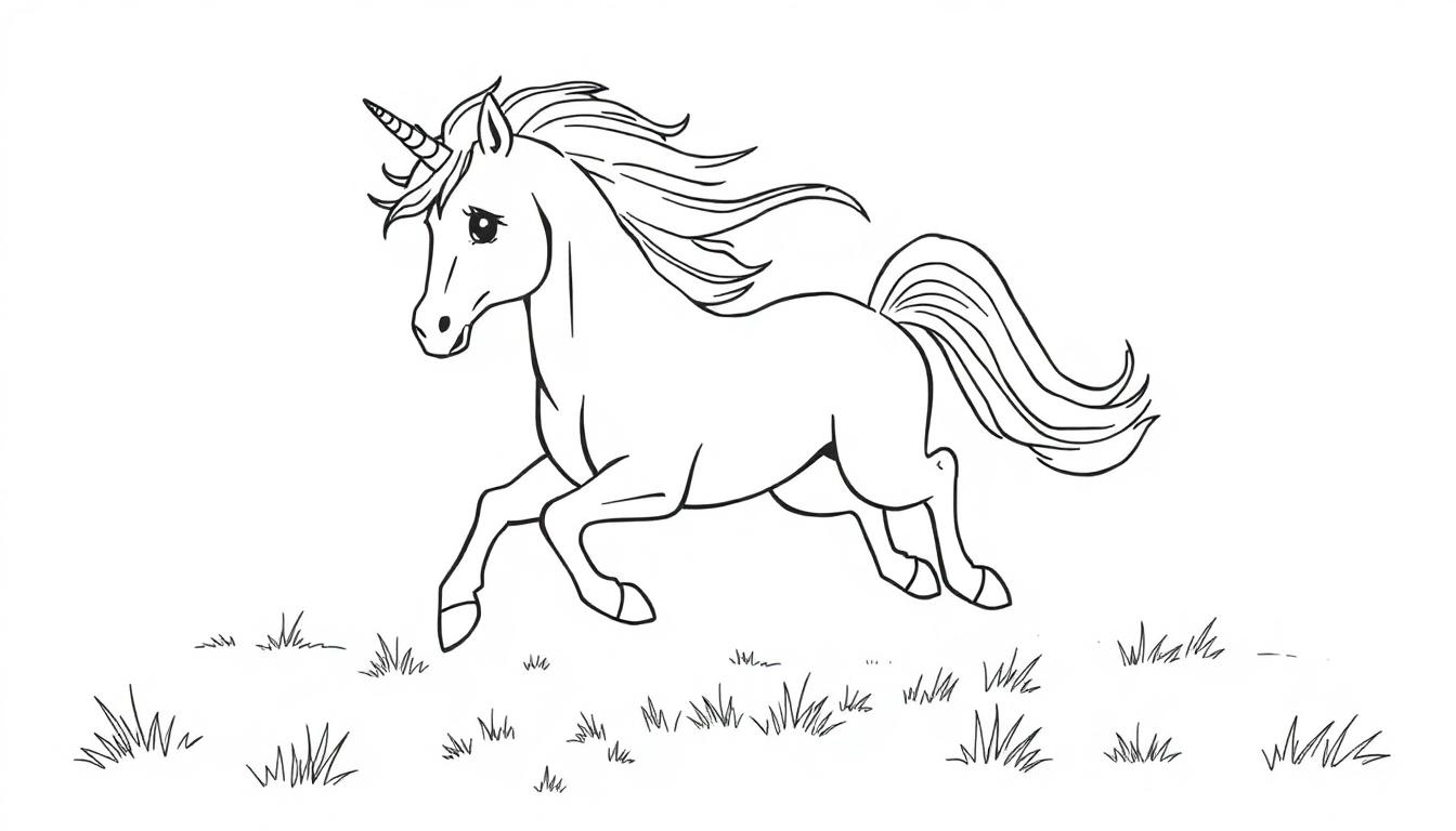 Kleurplaat van een eenhoorn die vrolijk door een bloemenweide galoppeert.