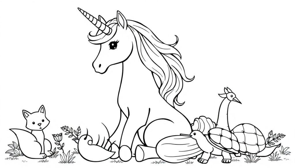 Kleurplaat van een eenhoorn omringd door schattige dieren zoals een vos, een schildpad en een vogel.