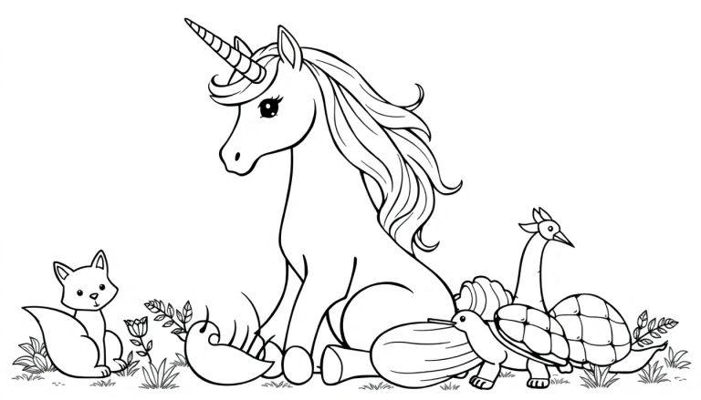 Kleurplaat van een eenhoorn omringd door schattige dieren zoals een vos, een schildpad en een vogel.