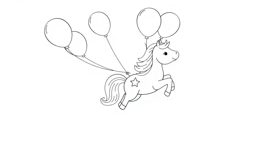 Kleurplaat van een vrolijke eenhoorn die met ballonnen door de lucht zweeft.