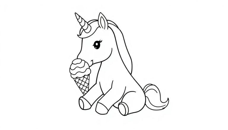 Kleurplaat van een eenhoorn die een ijsje eet.