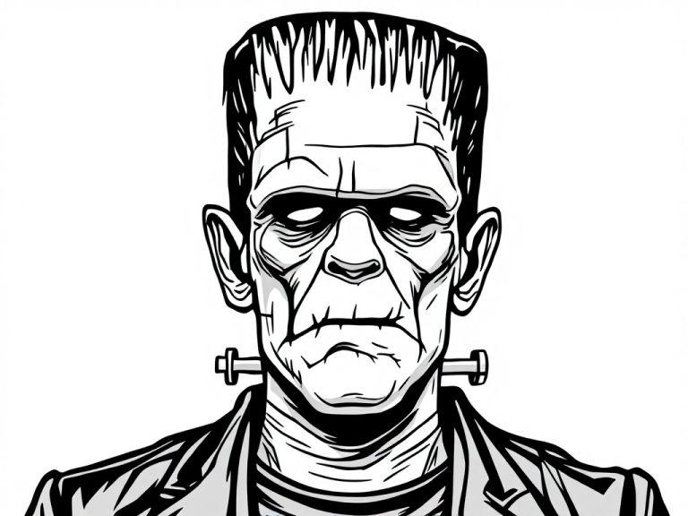 Een zwart-witte Frankenstein kleurplaat om in te kleuren.