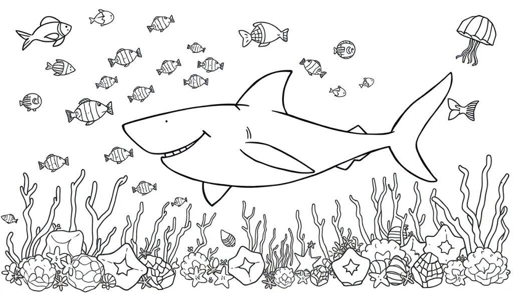 Kleurplaat van een vrolijke haai omringd door vissen, koraal en een kwal.