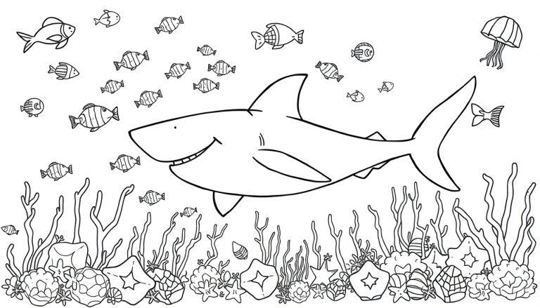 Kleurplaat van een vrolijke haai omringd door vissen, koraal en een kwal.