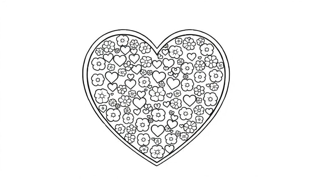 Kleurplaat van een groot hart gevuld met bloemen en kleine hartjes.